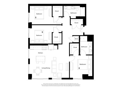 Floor plan for 3 beds, 2 baths, 1370 sqft